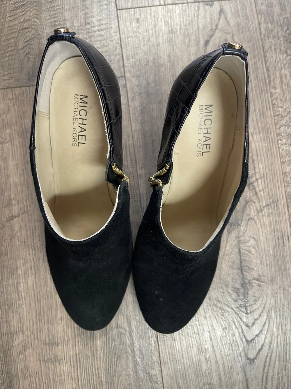 Michael Kors Black Suede and Croc-Embossed Ankle Booties with Gold Zip